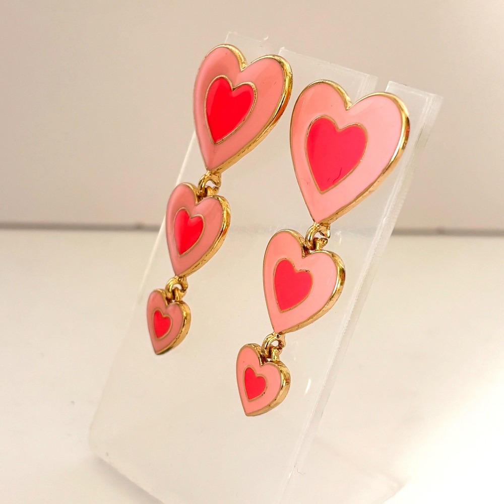 BaubleBar Pink Triple Heart Drop Earrings Gold Tone Post Dangle Barbiecore 2" - Picture 2 of 6